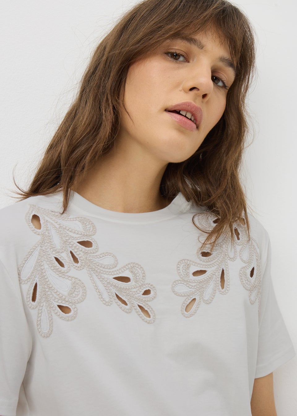 Cream Cutwork Detail T-Shirt
