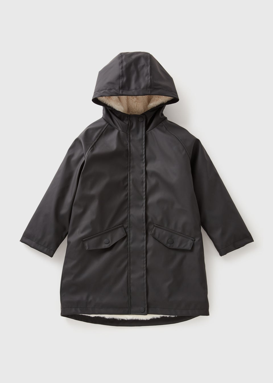 Girls Black Matte Fur Lined Mac (7-15yrs)