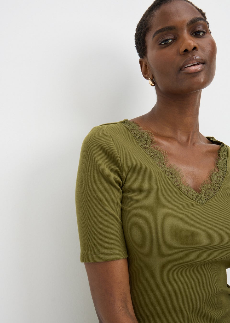 Green Lace Trim Ribbed Top