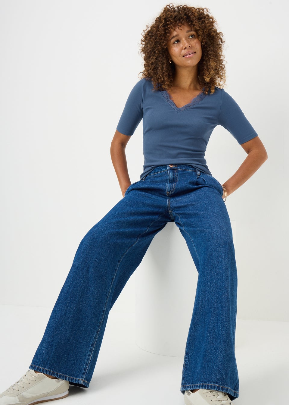 Blue Lace Trim Ribbed Top