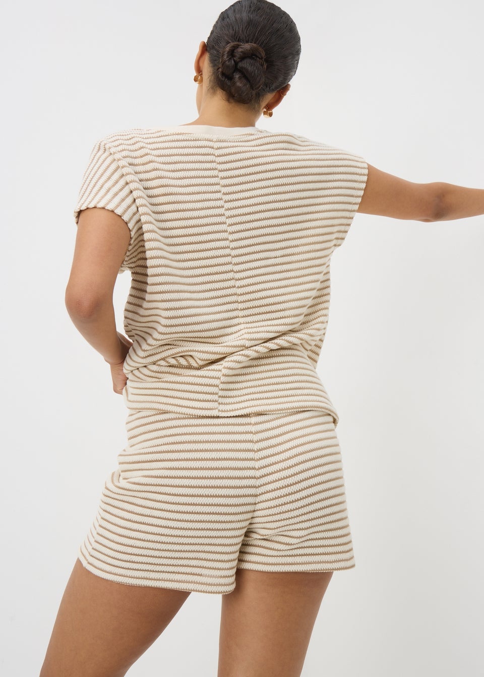 Beige Stripe Textured Co Ord Shorts