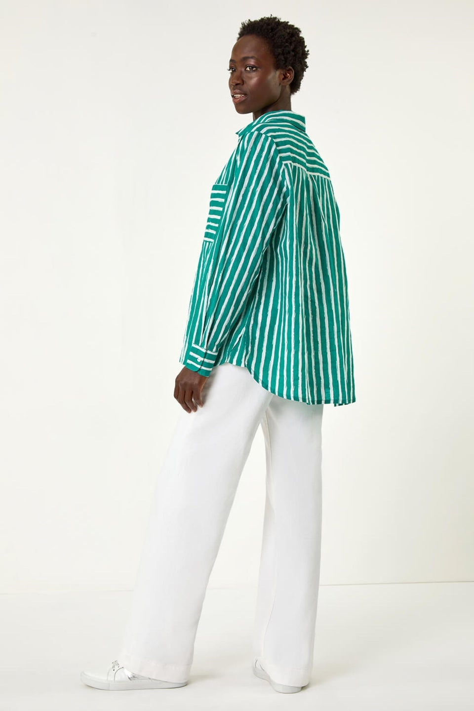 Roman Green Stripe Linear Print V-Neck Button Shirt