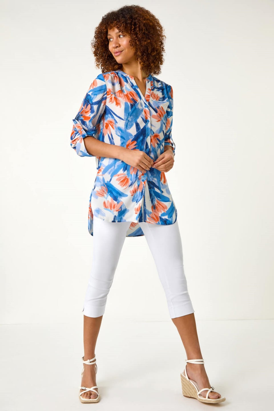 Roman Blue Floral Print Longline Blouse