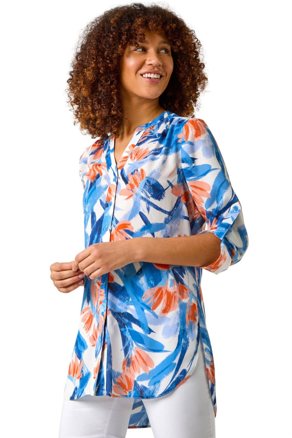 Roman Blue Floral Print Longline Blouse