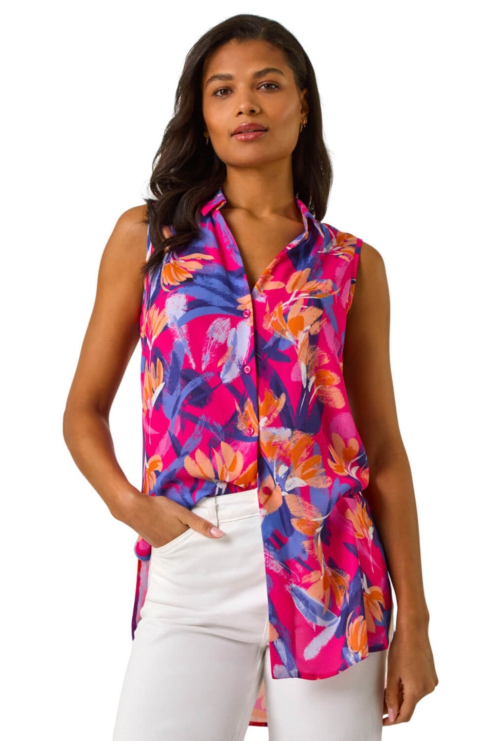 Roman Pink Floral Print Sleeveless Blouse