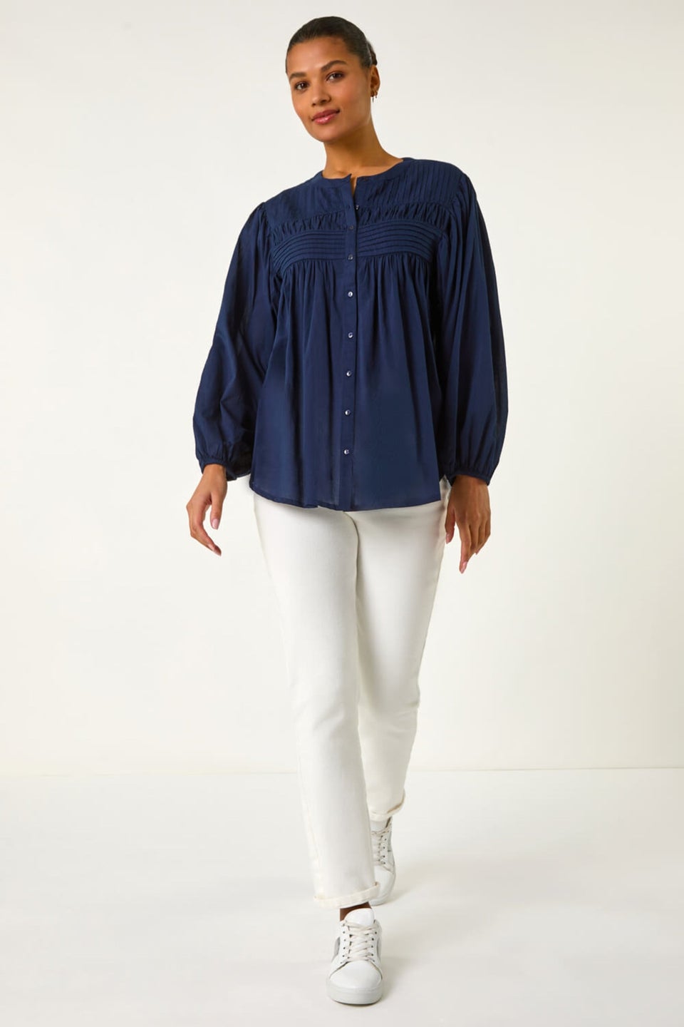 Roman Navy Pleat Detail Button Through Blouse