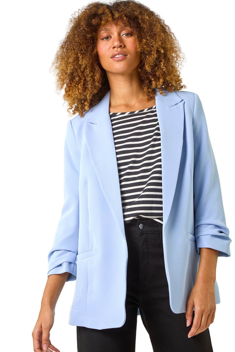 Roman Light Blue Tailored Ruched Sleeve Stretch Blazer
