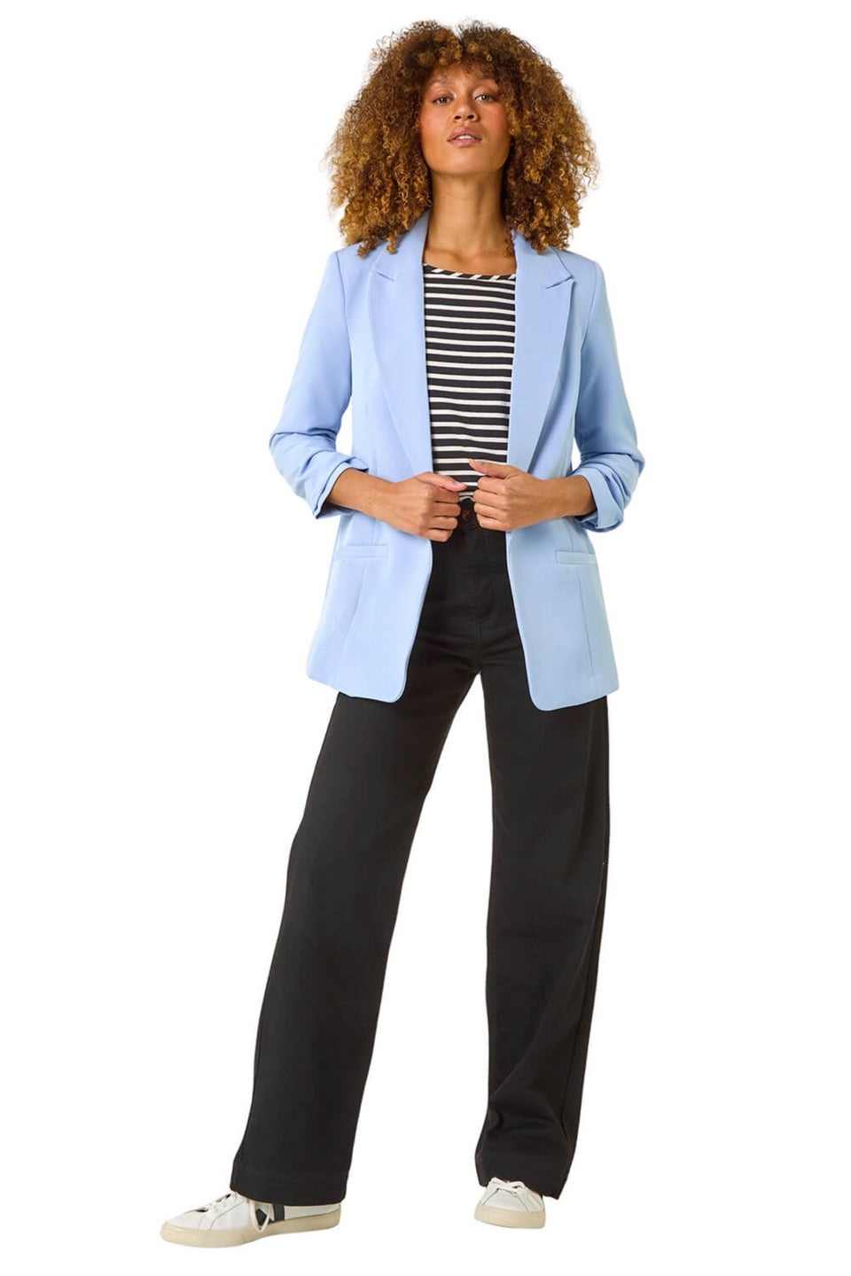 Roman Light Blue Tailored Ruched Sleeve Stretch Blazer