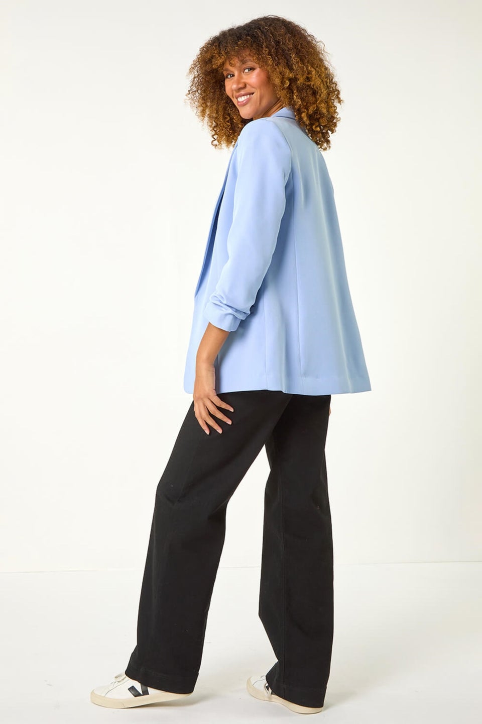 Roman Light Blue Tailored Ruched Sleeve Stretch Blazer