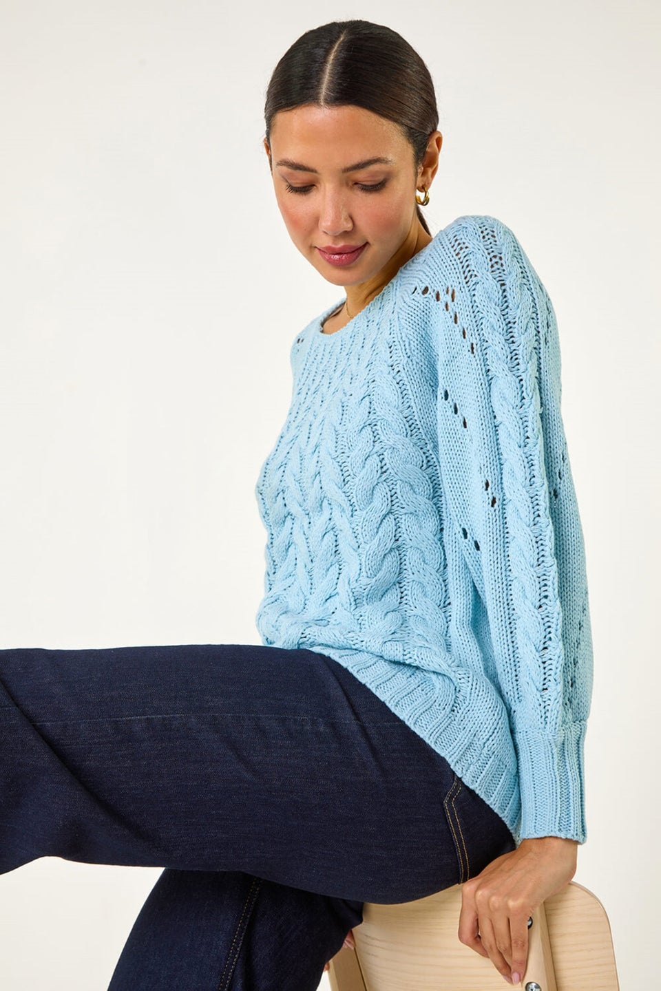 Roman Light Blue Classic Cable Knit Pointelle Jumper