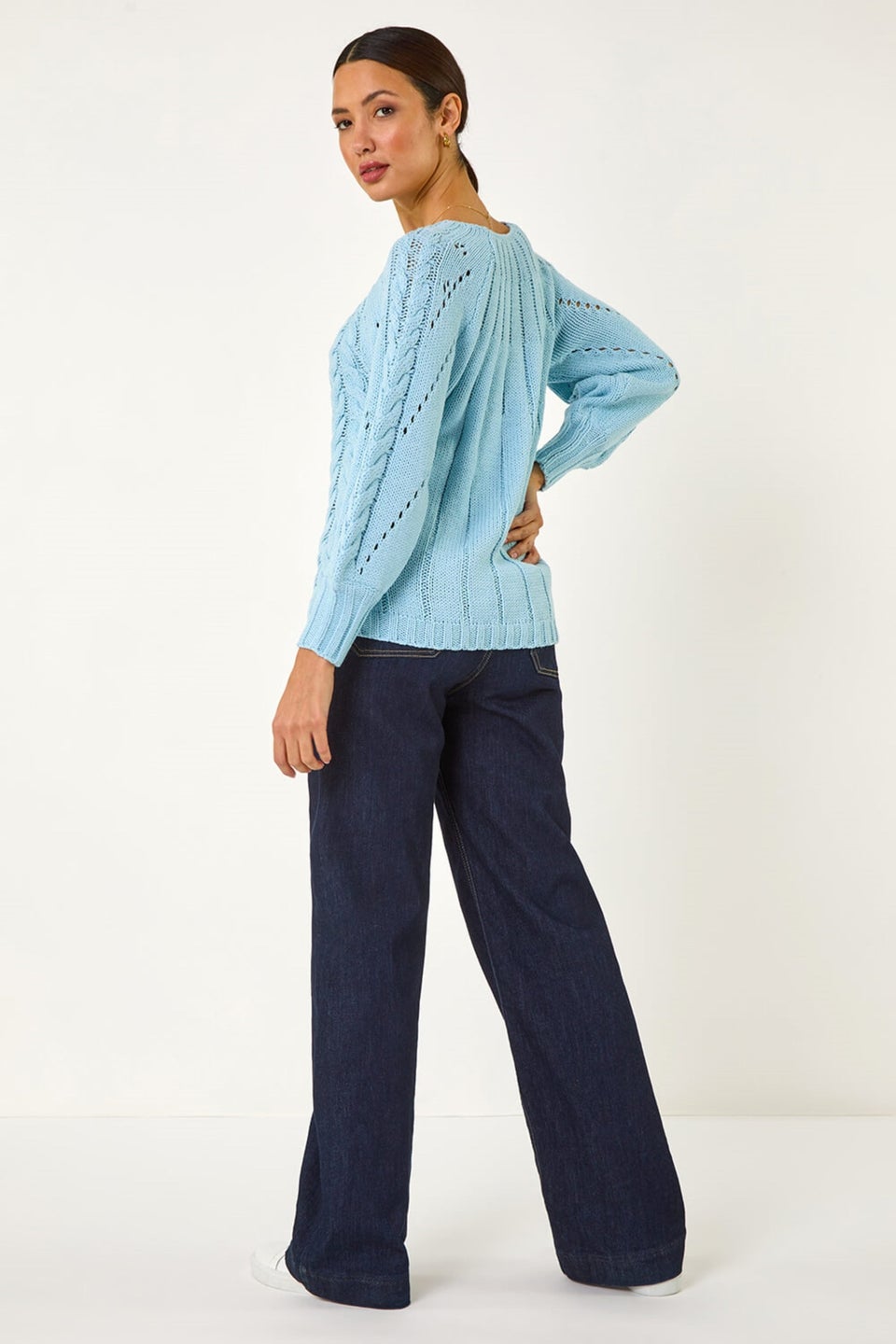 Roman Light Blue Classic Cable Knit Pointelle Jumper