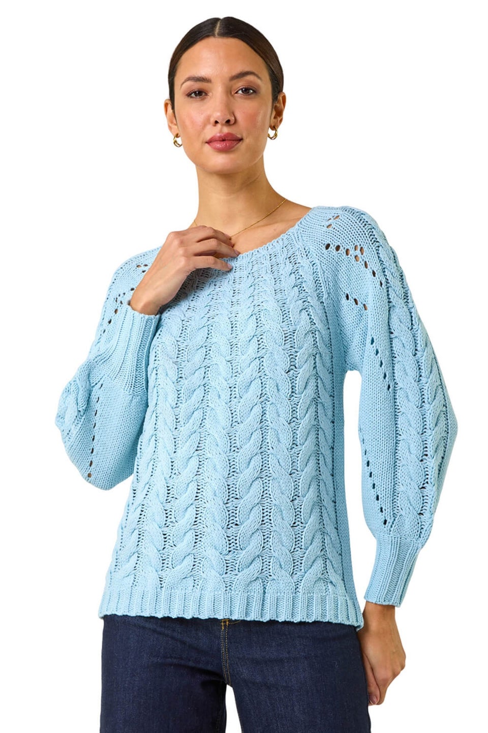 Roman Light Blue Classic Cable Knit Pointelle Jumper