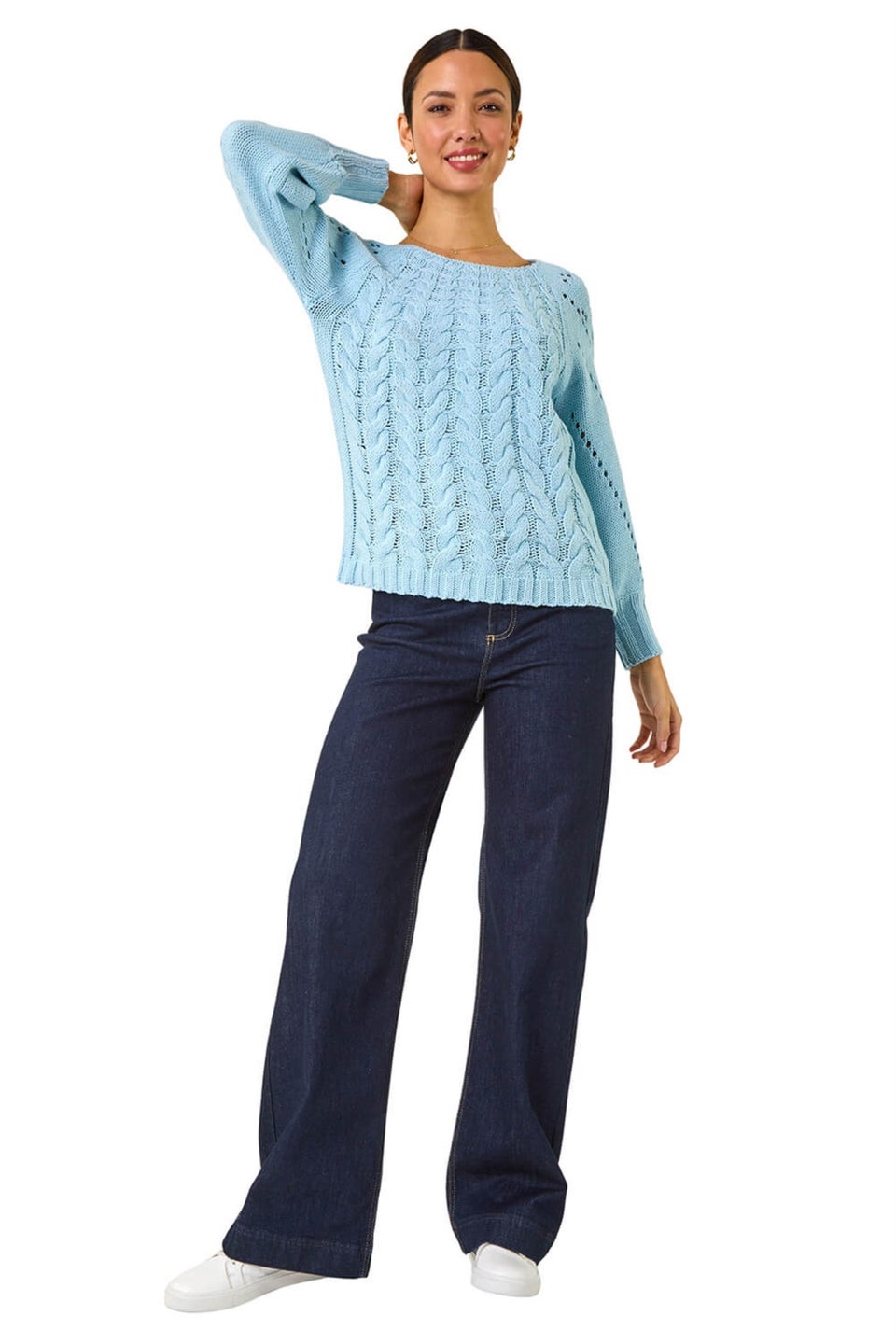 Roman Light Blue Classic Cable Knit Pointelle Jumper