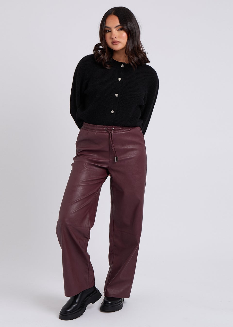 Urban Bliss Burgundy PU Wide Leg Elasticated Trouser