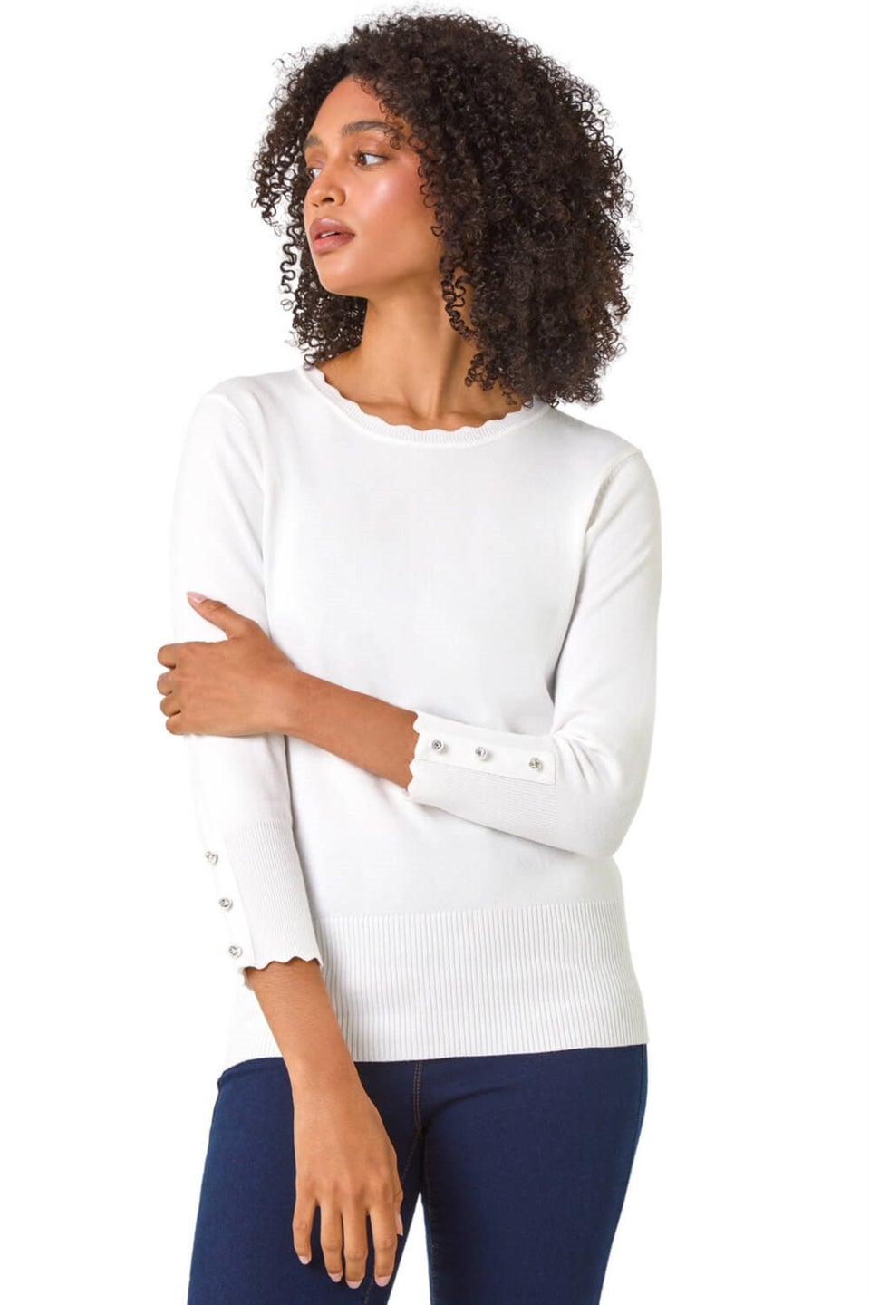 Roman Ivory Diamante Button Scallop Edge Jumper