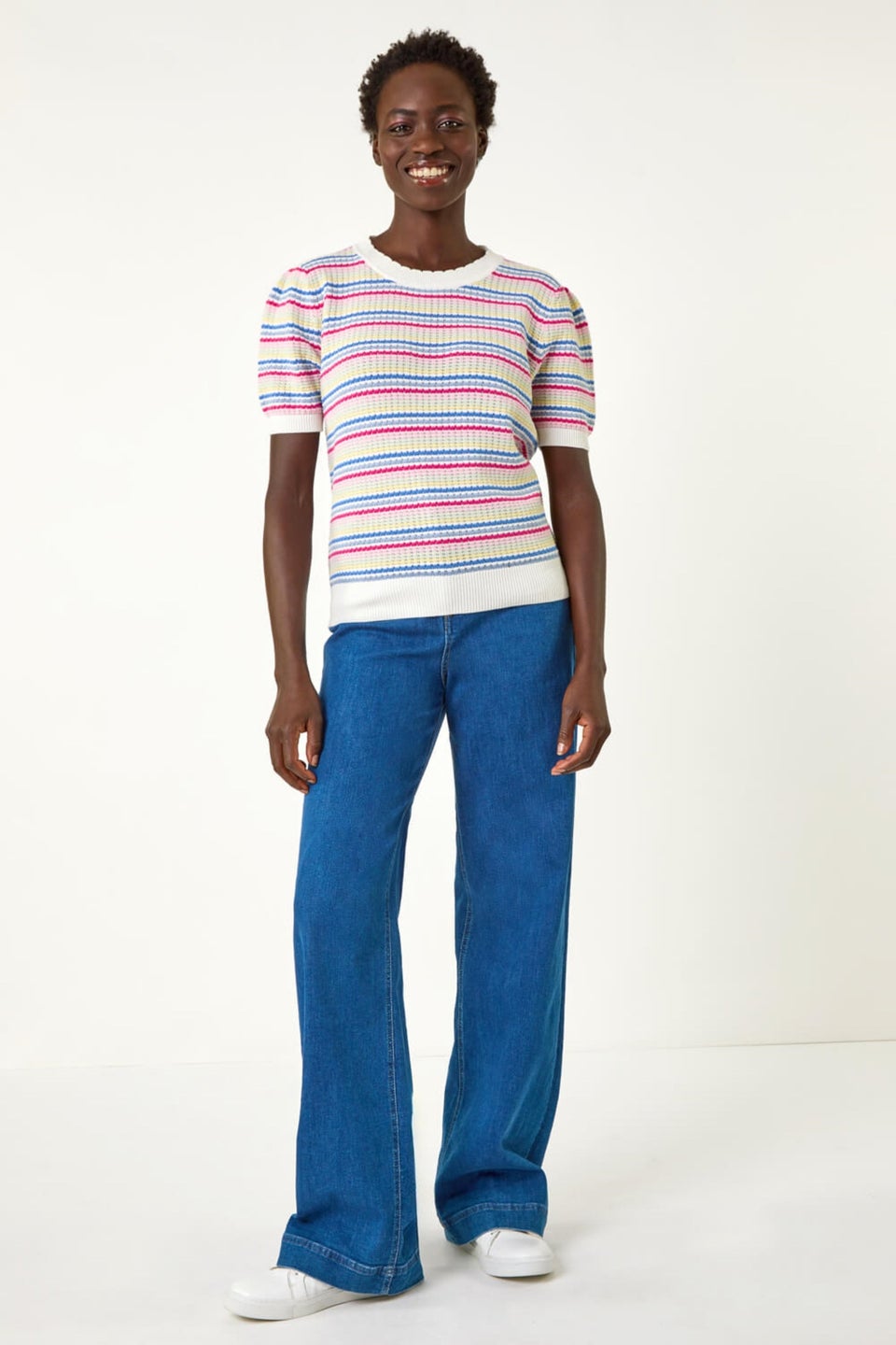Roman Multi Scallop Edge Stripe Knit Top