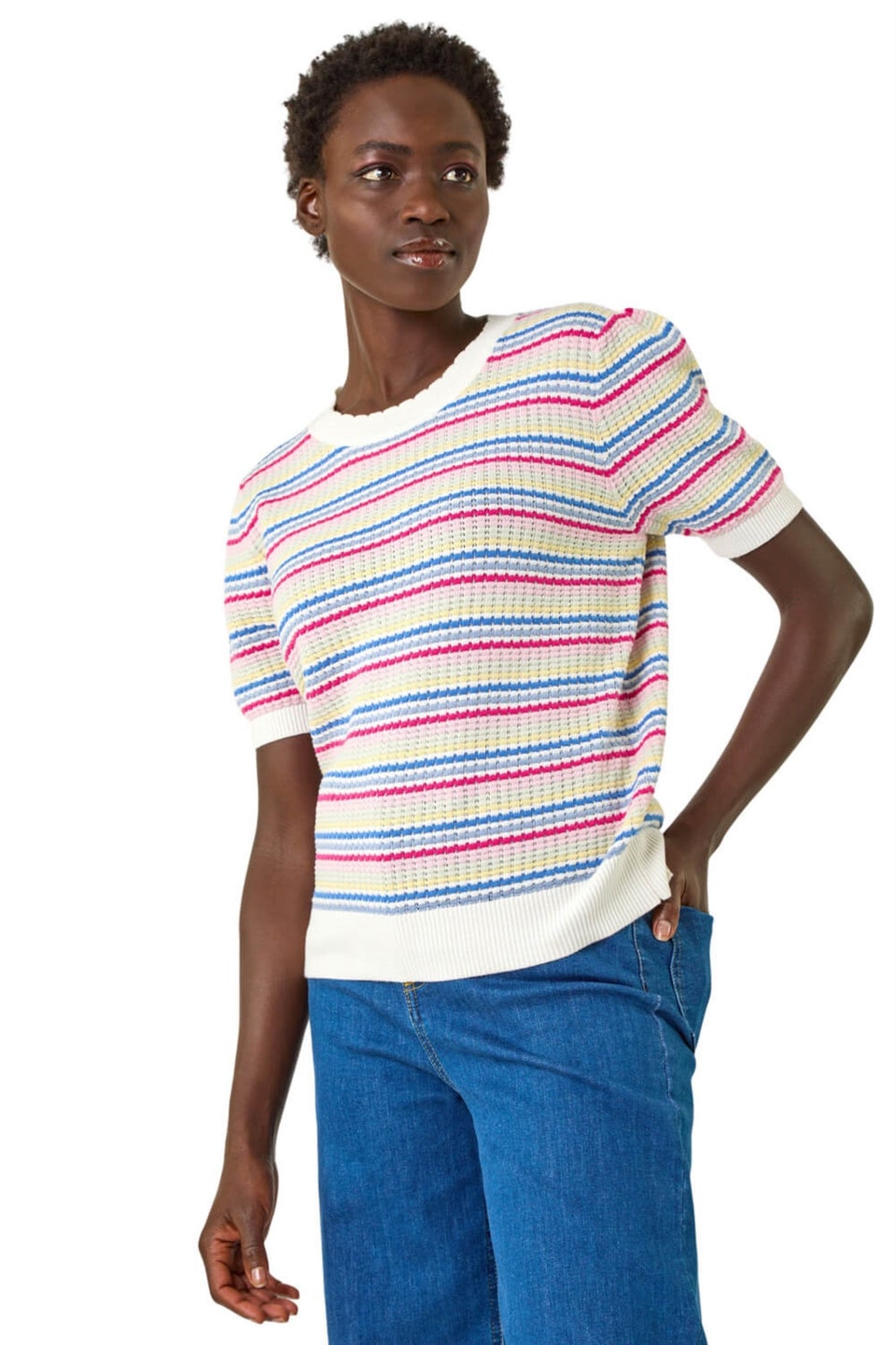 Roman Multi Scallop Edge Stripe Knit Top