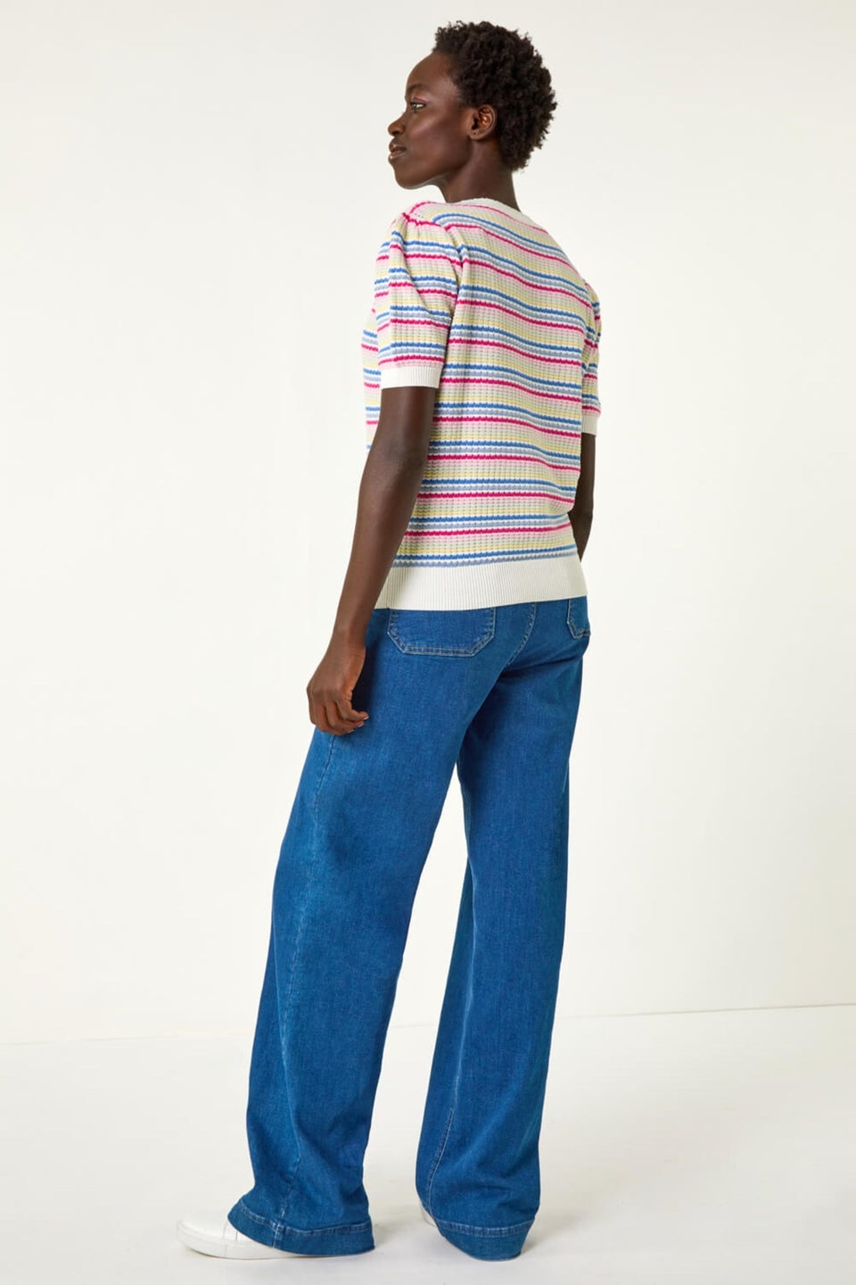 Roman Multi Scallop Edge Stripe Knit Top
