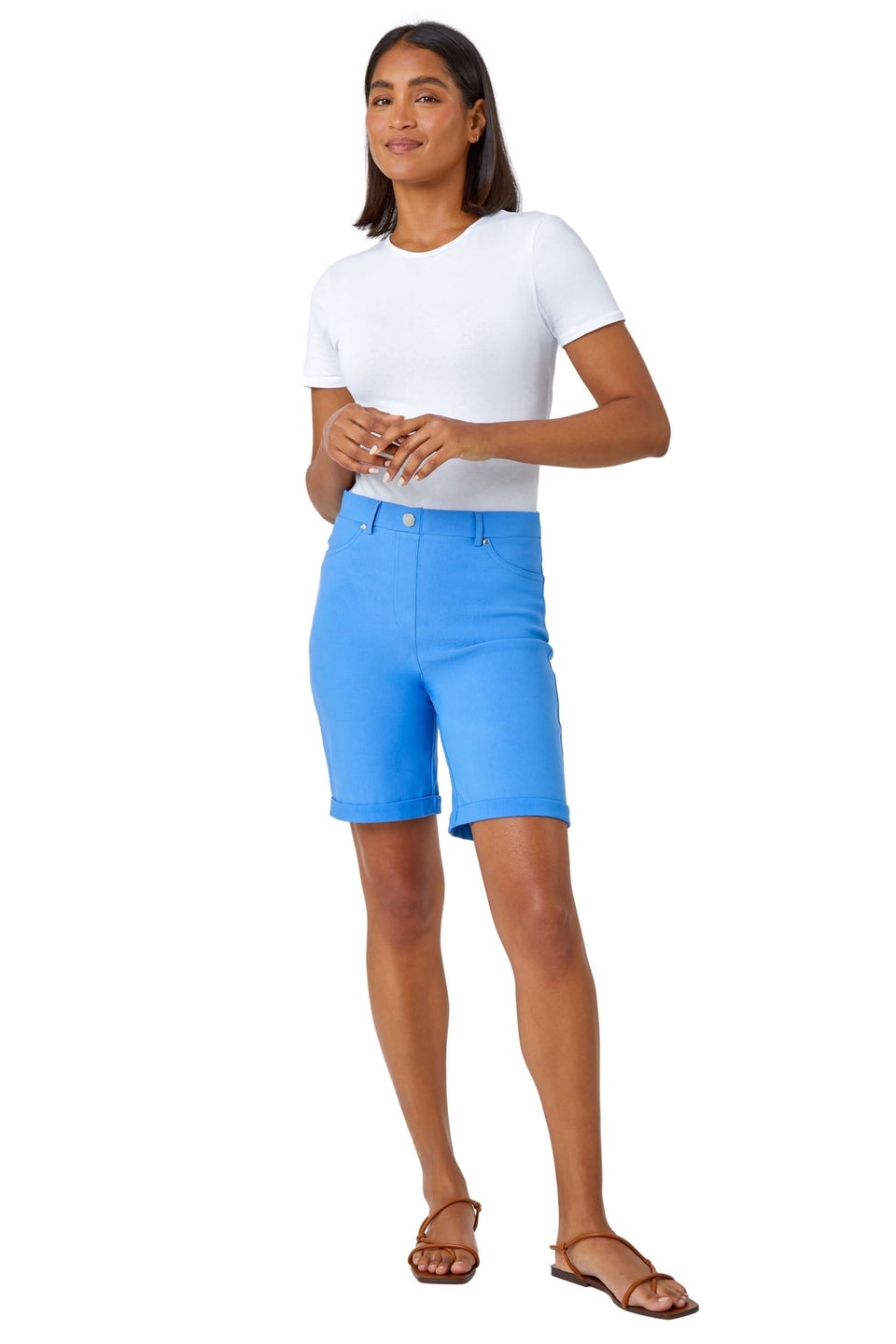Roman Light Denim Elastic Waist Turn Up Stretch Shorts