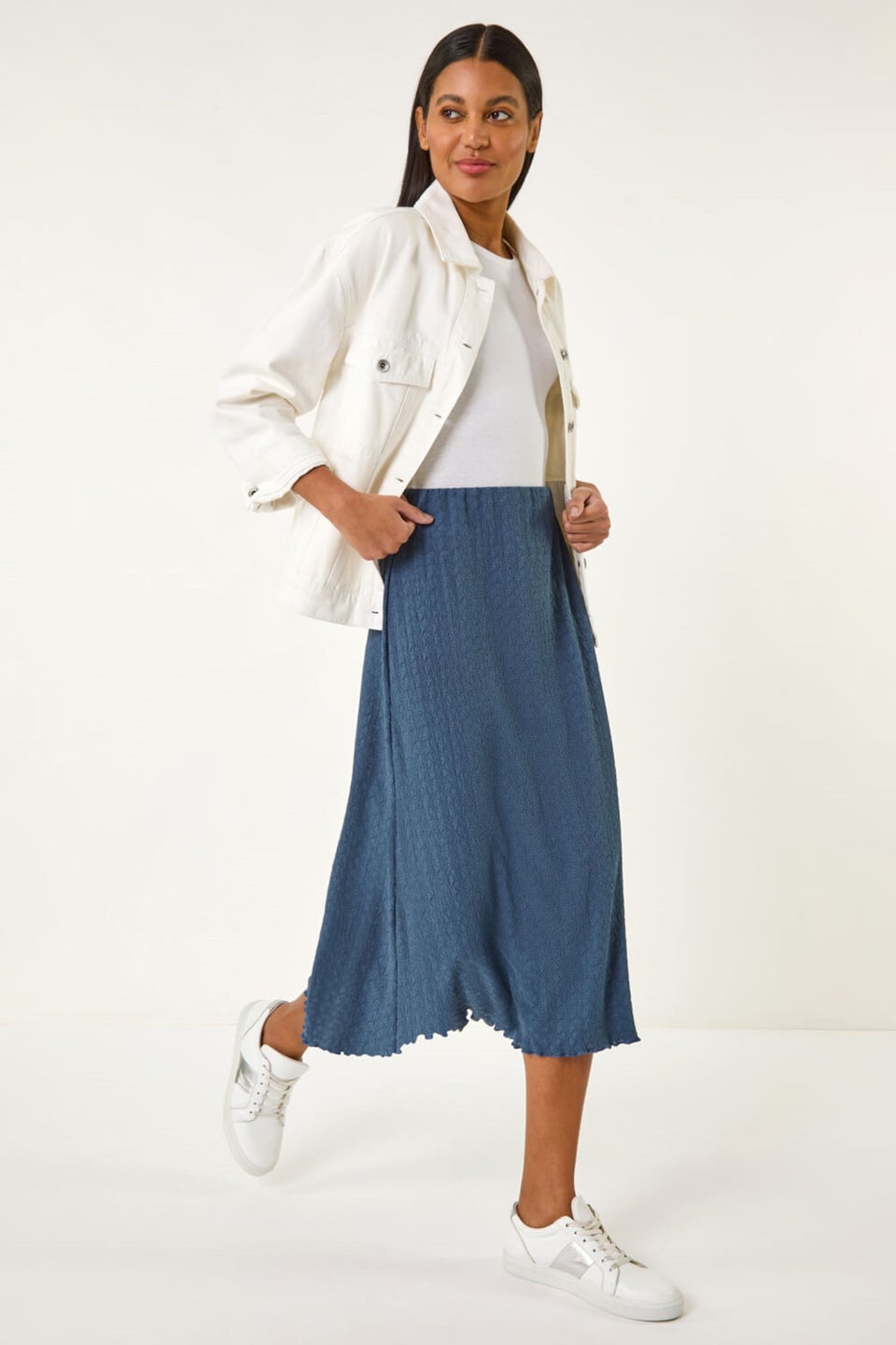 Roman Blue Textured Fluted Hem Midi Skirt