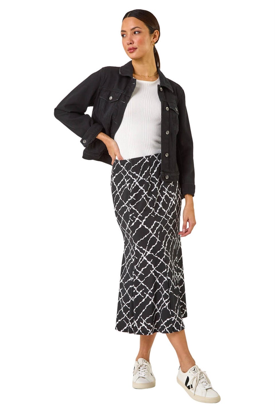 Roman Black Abstract Checked Print Skirt