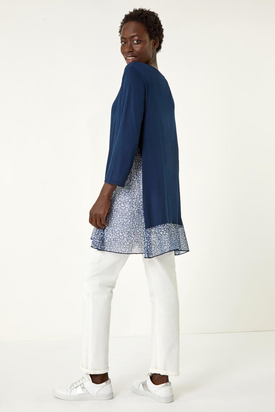 Roman Navy Animal Print Contrast Mesh Hem Stretch Top