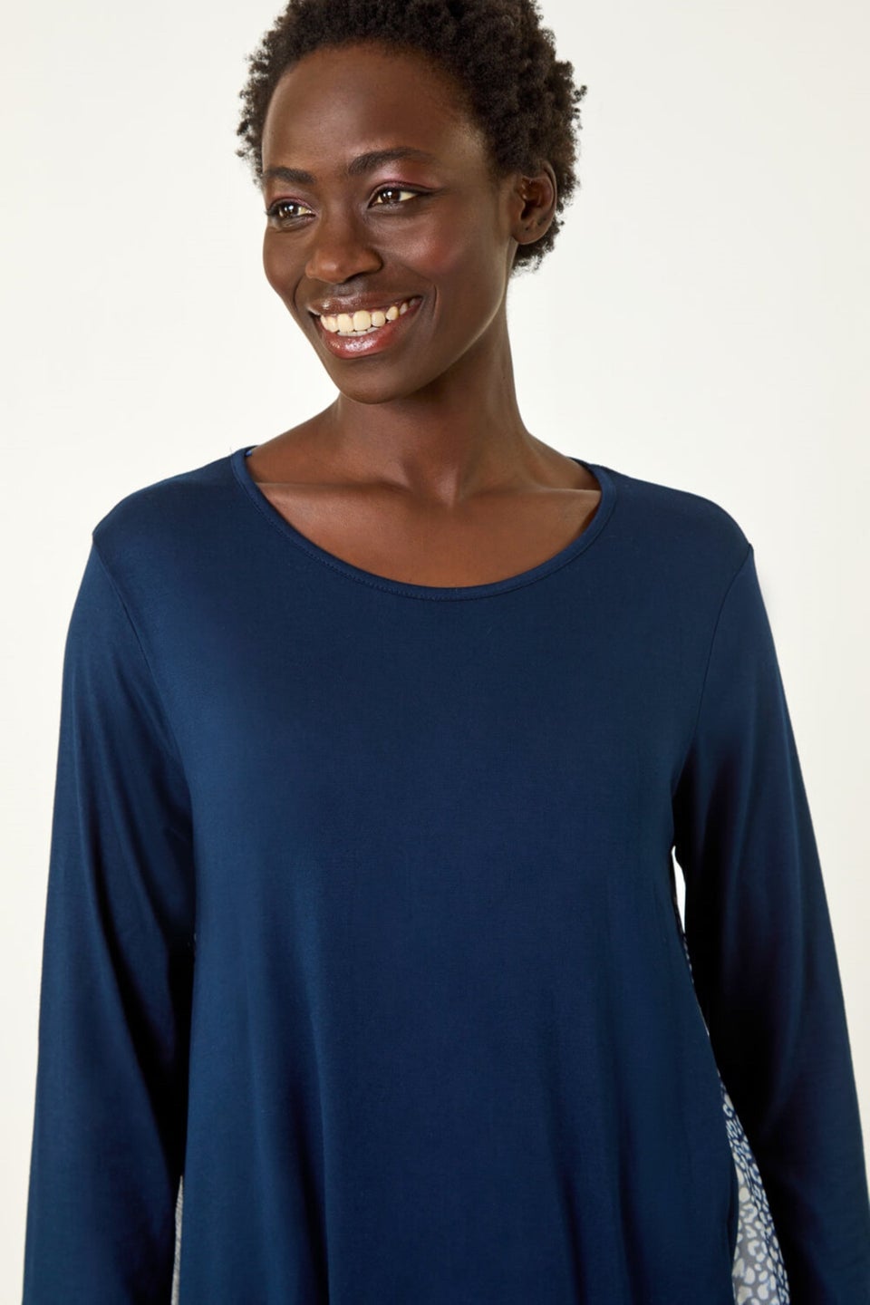 Roman Navy Animal Print Contrast Mesh Hem Stretch Top