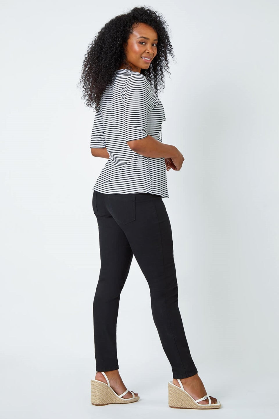 Roman Black Petite Stripe Ruched V-Neck Stretch Top