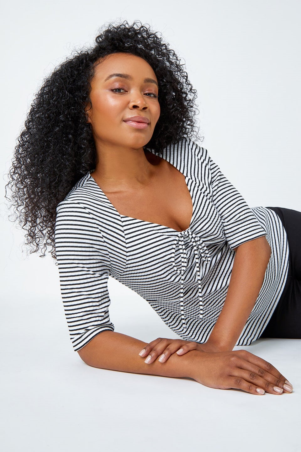 Roman Black Petite Stripe Ruched V-Neck Stretch Top