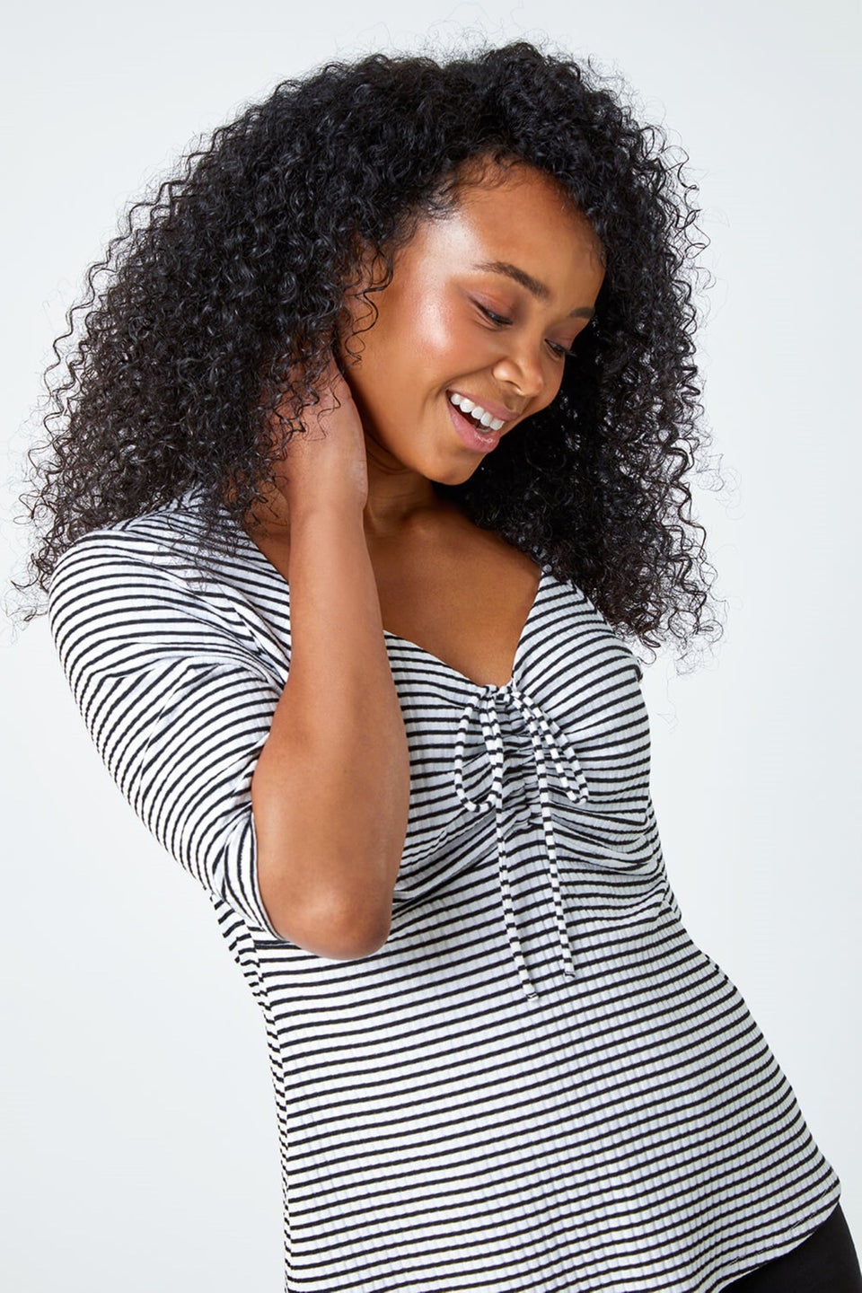 Roman Black Petite Stripe Ruched V-Neck Stretch Top