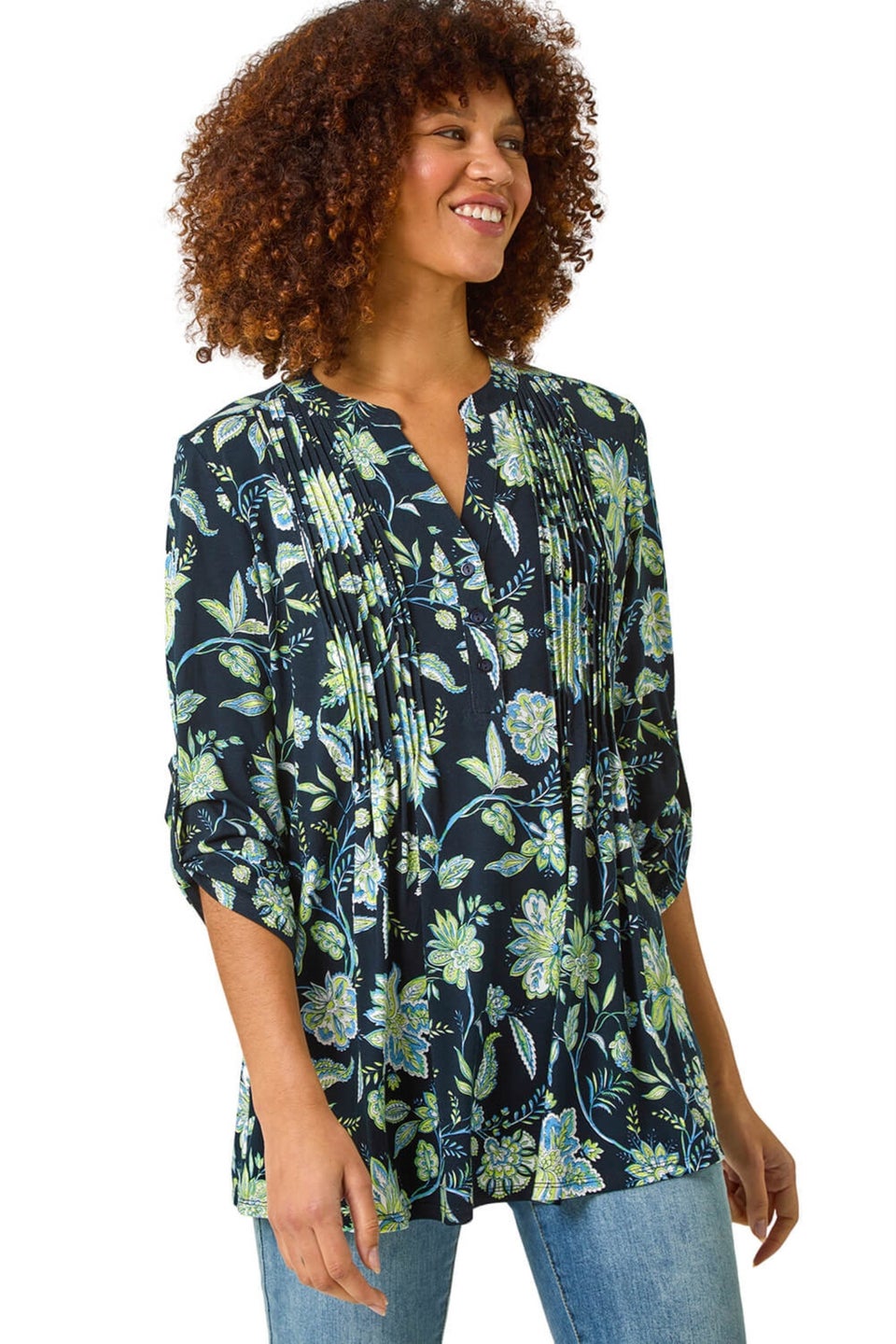Roman Lime Floral Print Pintuck Shirt