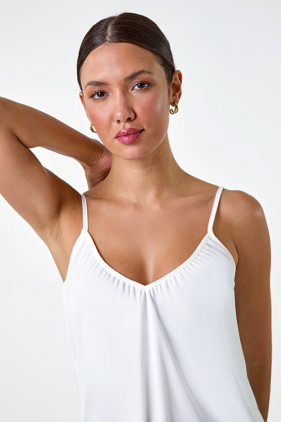 Roman Ivory Gathered V-Neck Stretch Vest Top