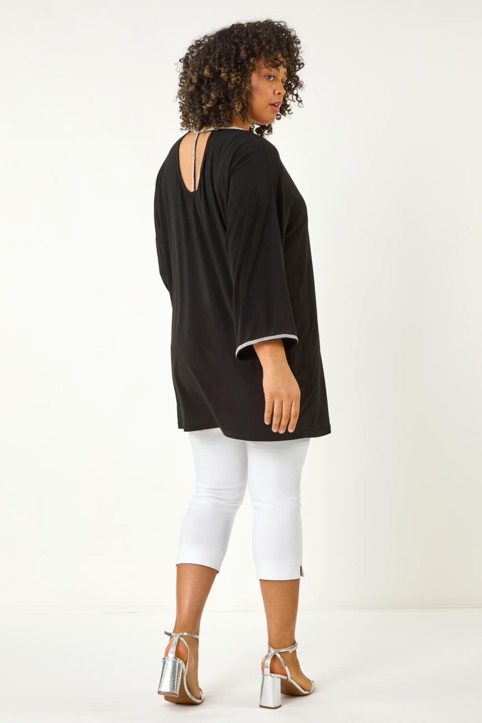 Roman Black Curve Diamante Trim Stretch Top