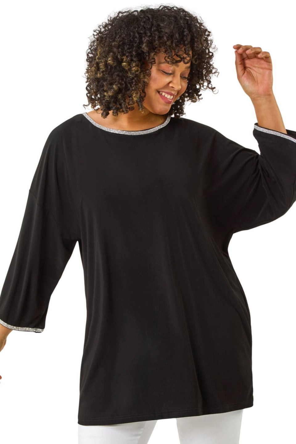 Roman Black Curve Diamante Trim Stretch Top