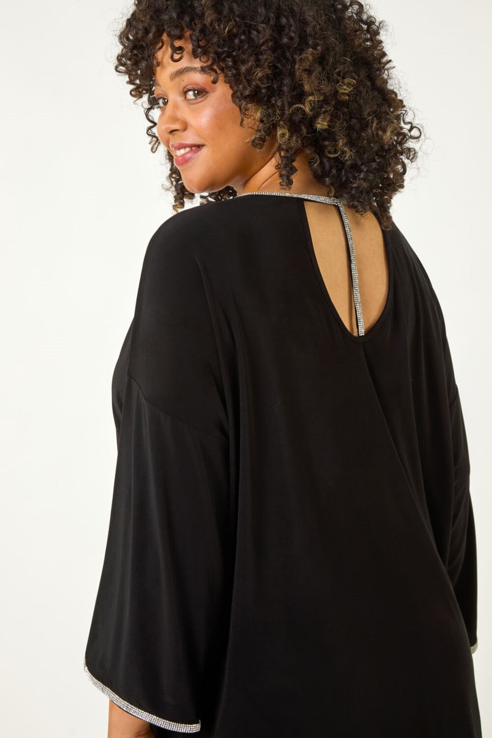 Roman Black Curve Diamante Trim Stretch Top