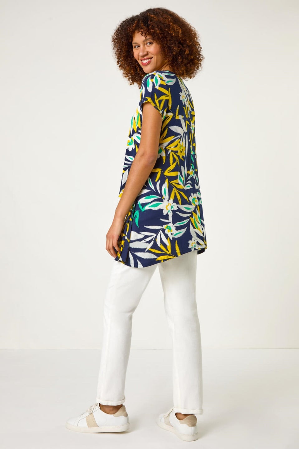 Roman Yellow Leaf Print Hanky Hem Tunic Top