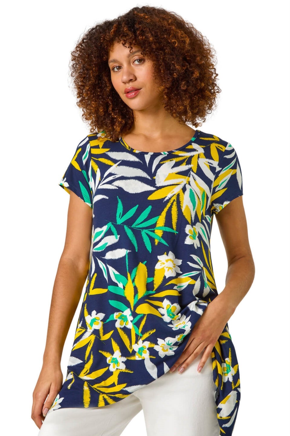 Roman Yellow Leaf Print Hanky Hem Tunic Top