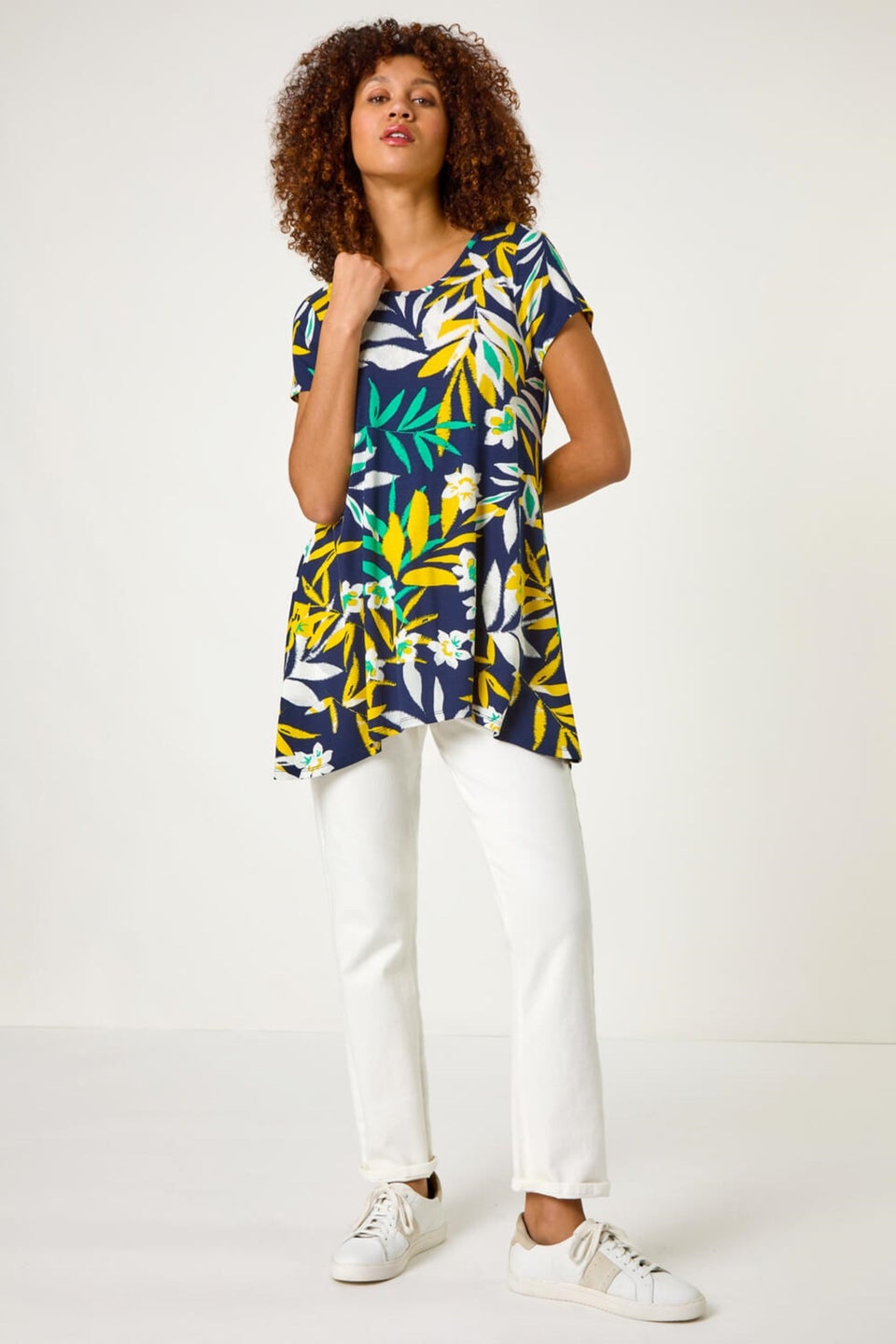 Roman Yellow Leaf Print Hanky Hem Tunic Top