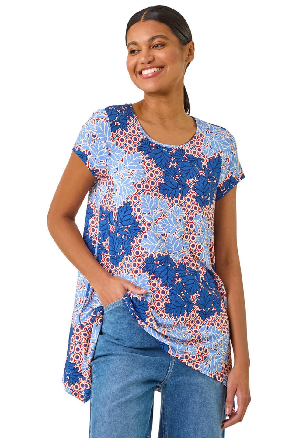 Roman Blue Leaf Print Hanky Hem Tunic Top