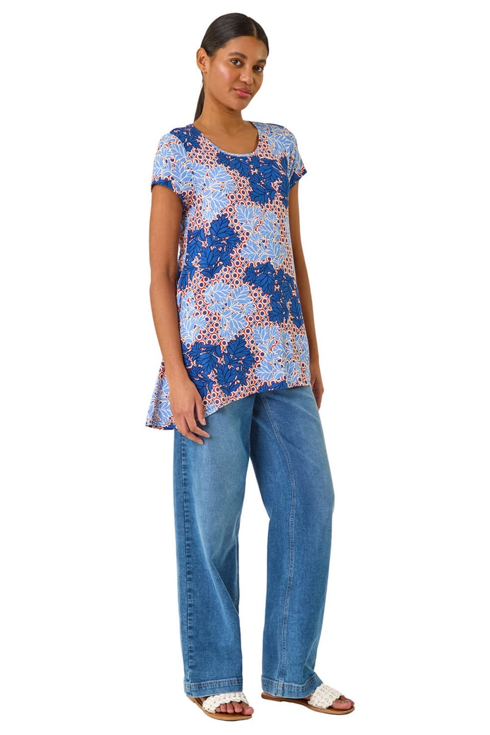 Roman Blue Leaf Print Hanky Hem Tunic Top