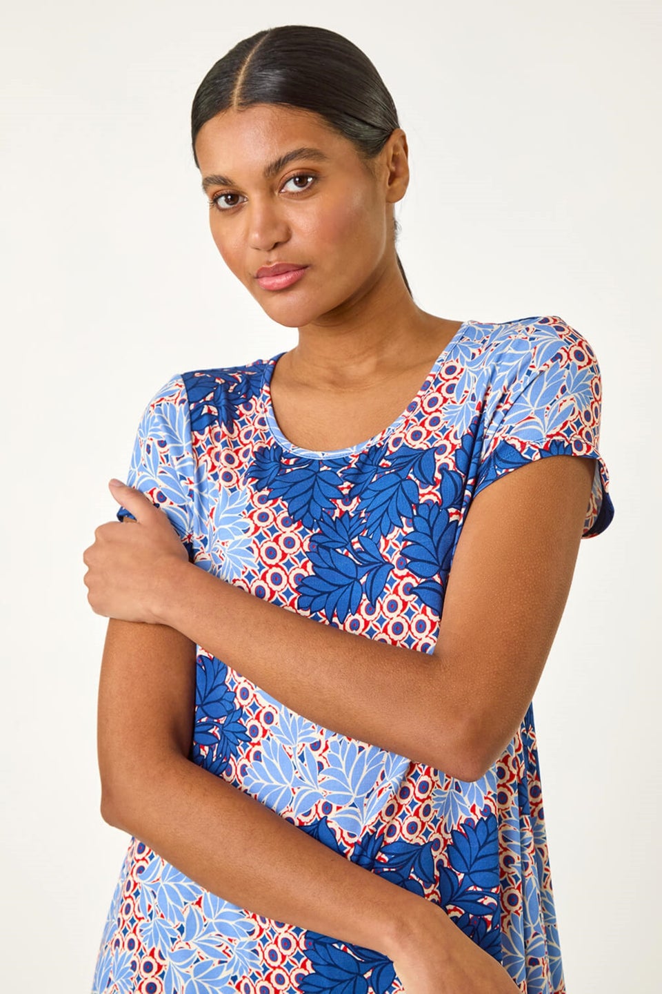 Roman Blue Leaf Print Hanky Hem Tunic Top