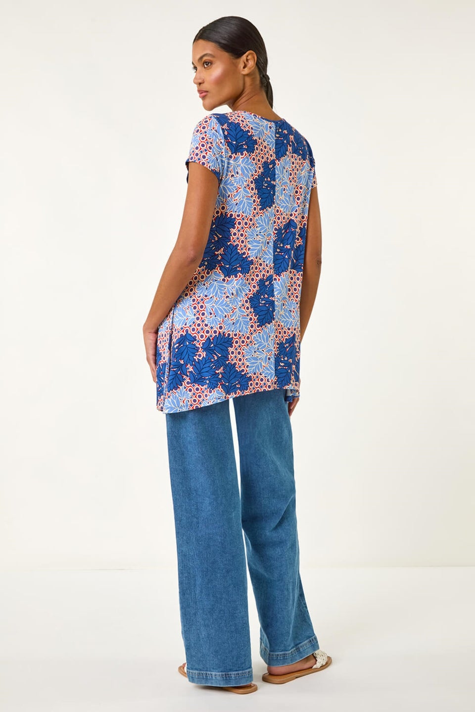Roman Blue Leaf Print Hanky Hem Tunic Top