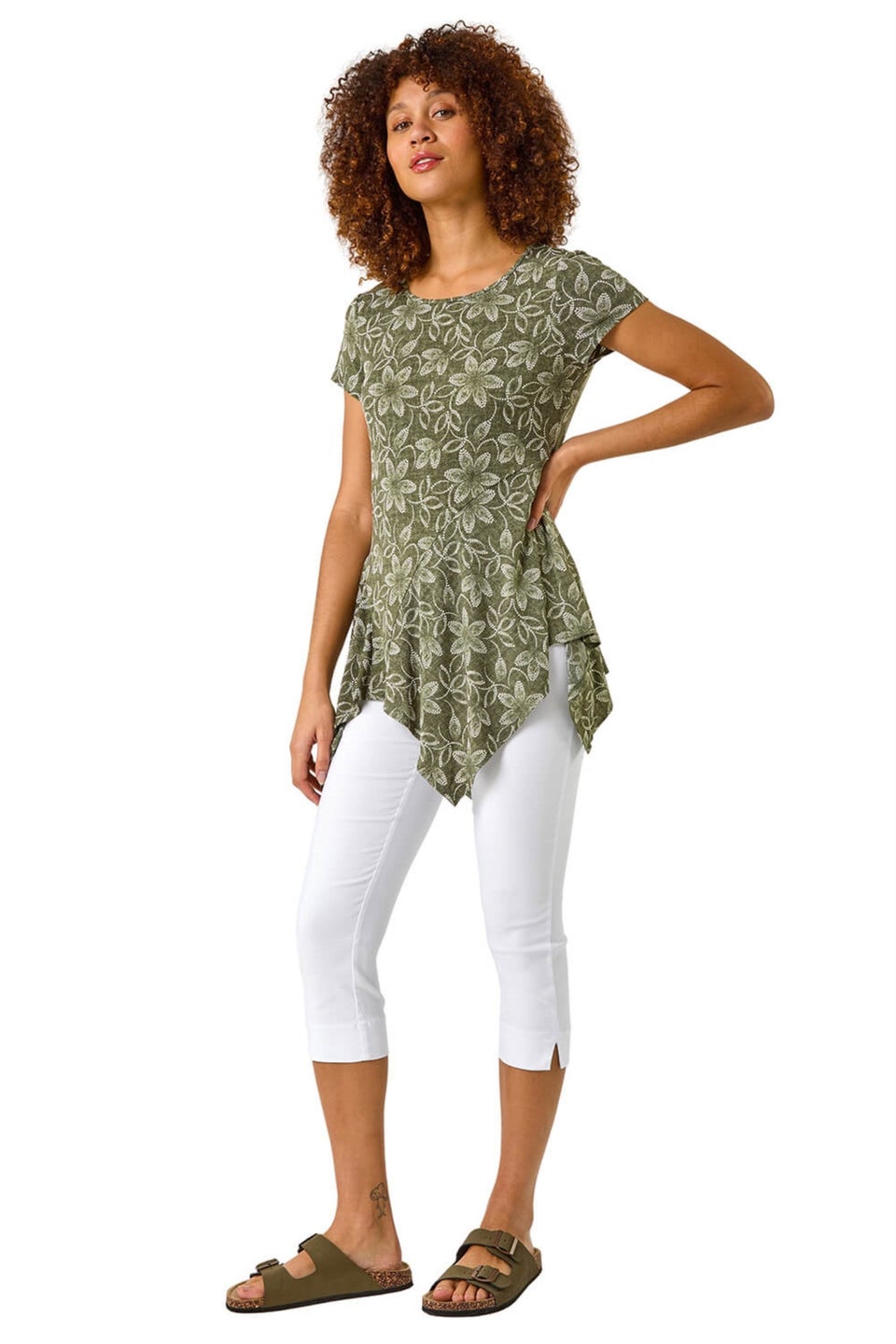 Roman Khaki Leaf Print Hanky Hem Stretch Top