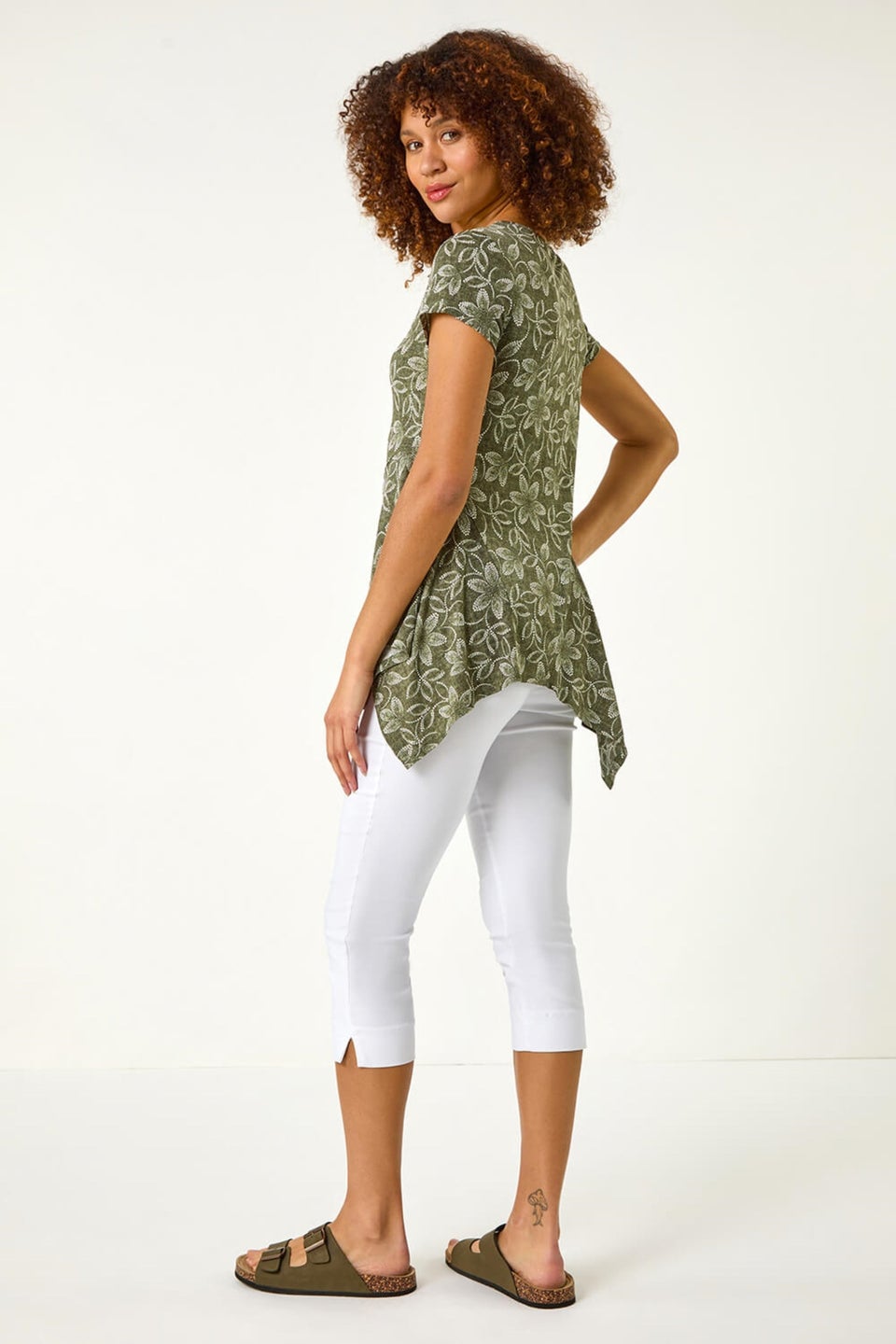 Roman Khaki Leaf Print Hanky Hem Stretch Top
