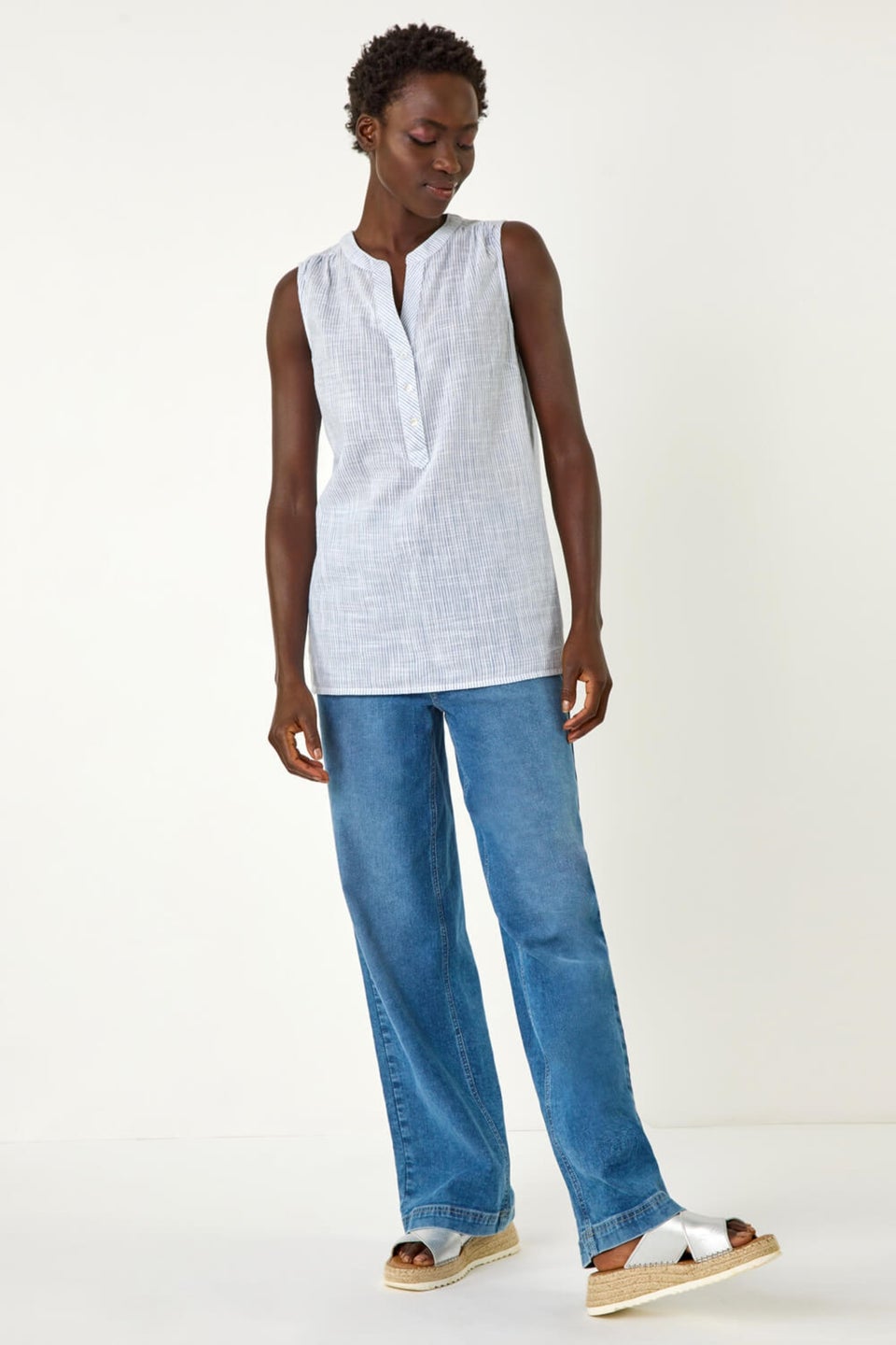 Roman Light Blue Stripe V-Neck Vest Top