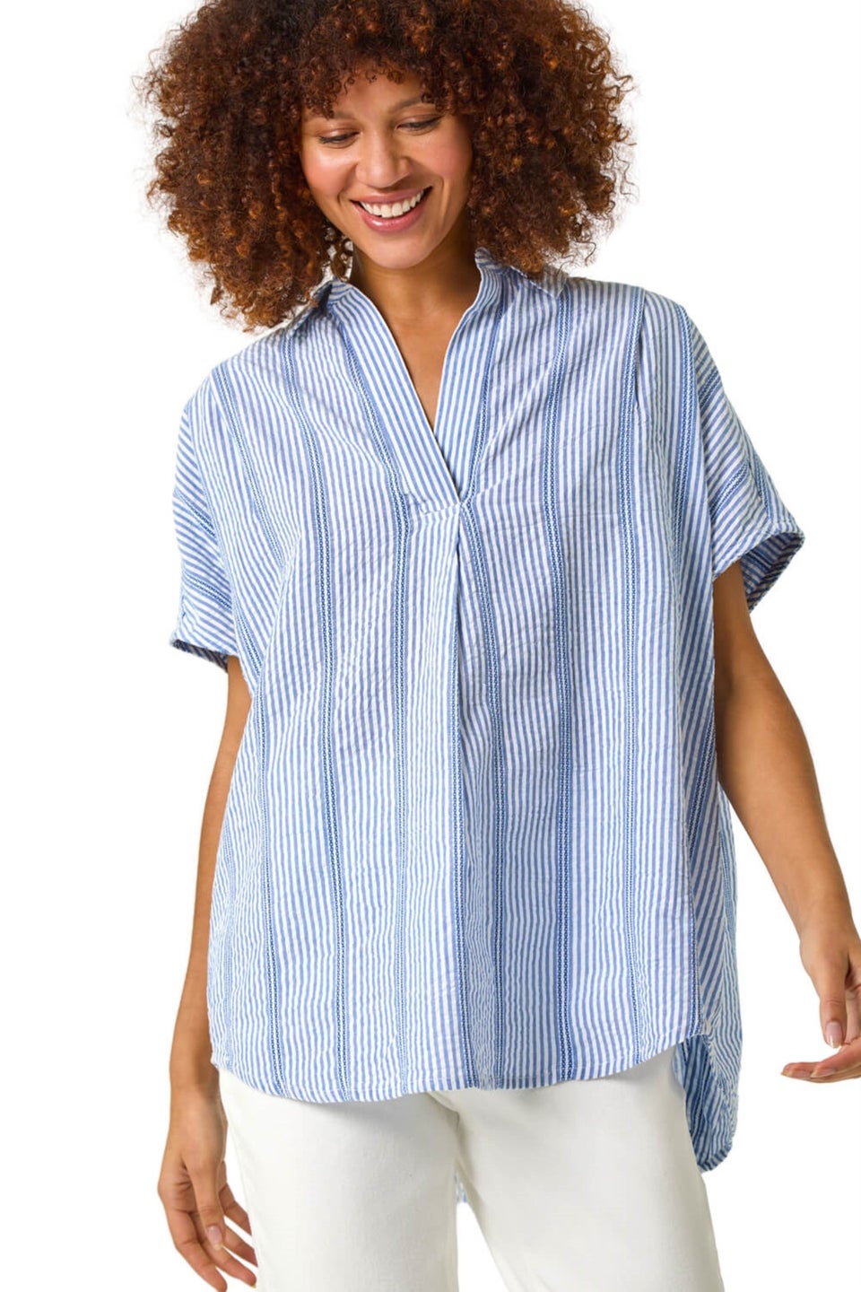 Roman Light Blue Stripe Pleated Neck Top