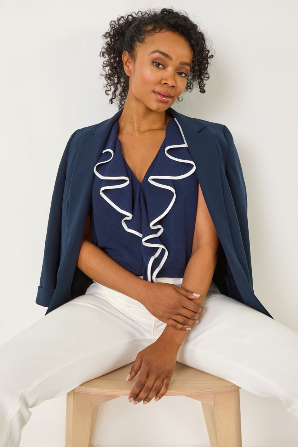 Roman Navy Petite Contrast V-Neck Frill Front Top