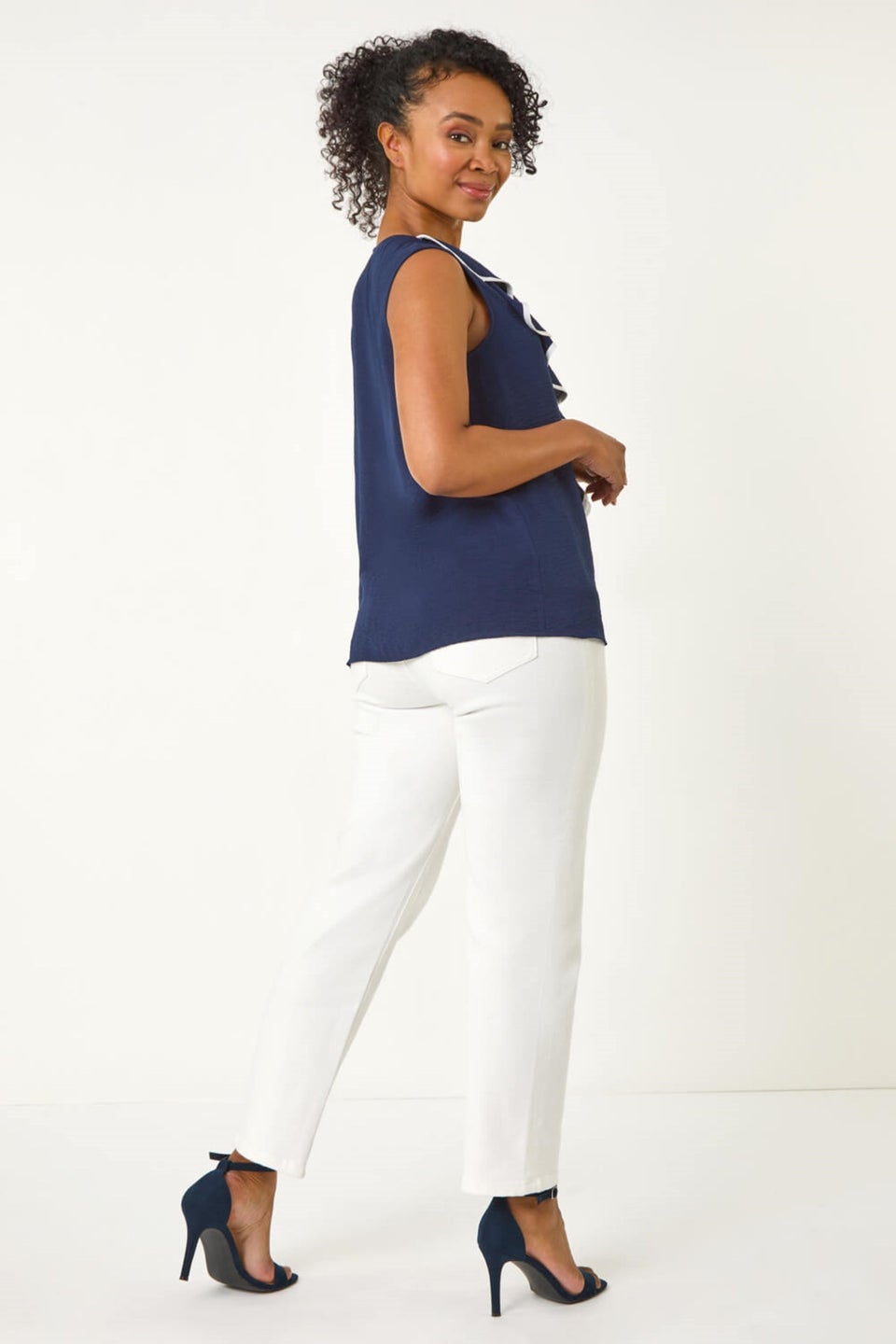 Roman Navy Petite Contrast V-Neck Frill Front Top