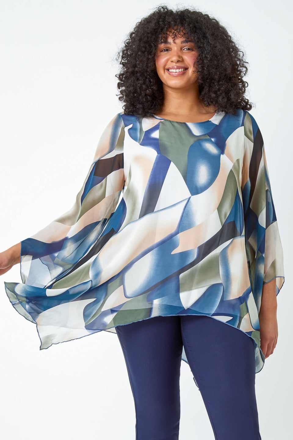 Roman Navy Curve Abstract Chiffon Overlay Top