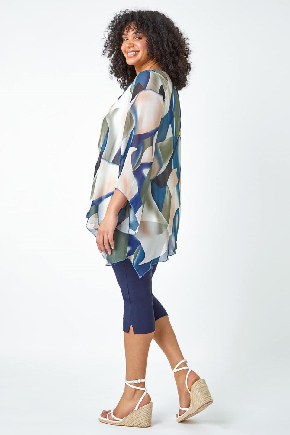 Roman Navy Curve Abstract Chiffon Overlay Top